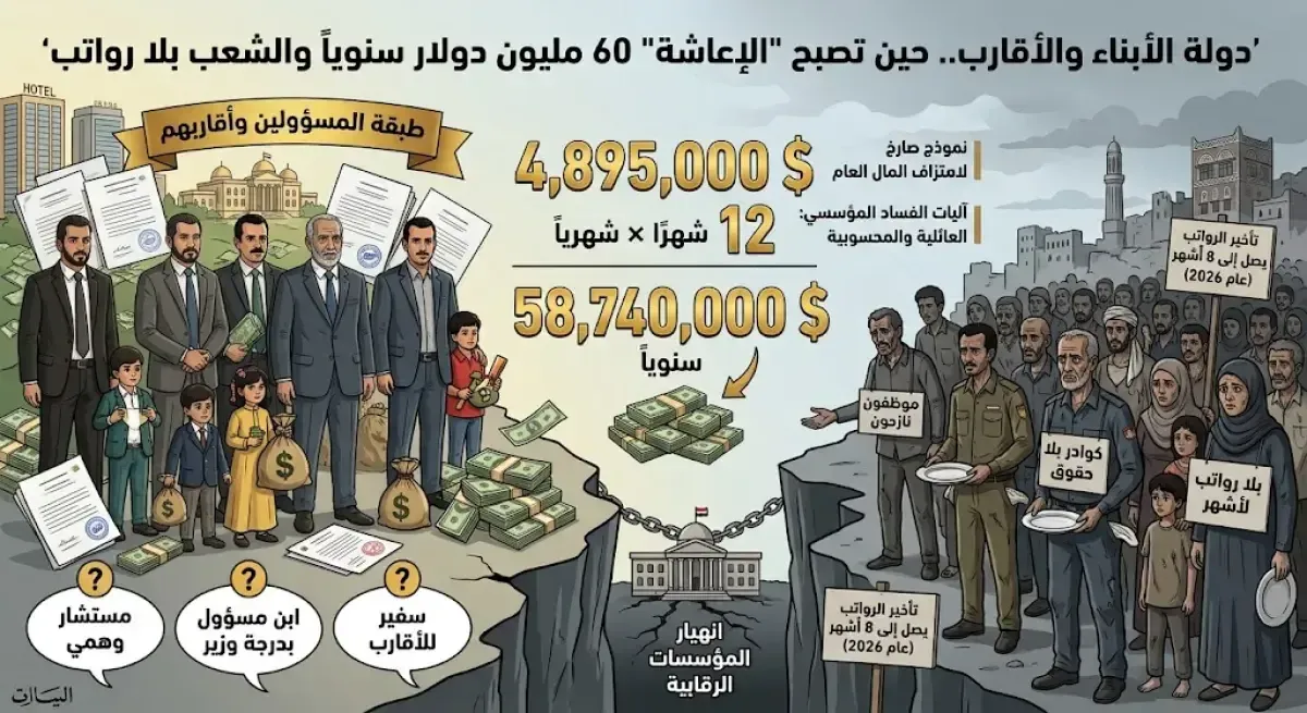 اسرار | (الشرعية) .. دولة الأبناء والأقارب: حين تصبح (الإعاشة) 60 مليون دولار سنوياً والشعب يكتوي بنار الجوع وانقطاع الرواتب