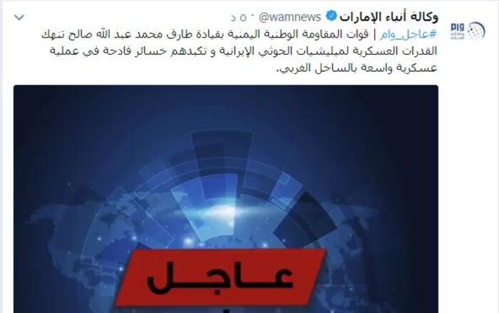 اسرار: وكالة الانباء الامارتية تعلن عن خبر عاجل من جبهة الساحل الغربي بقيادة طارق  (تفاصيل)